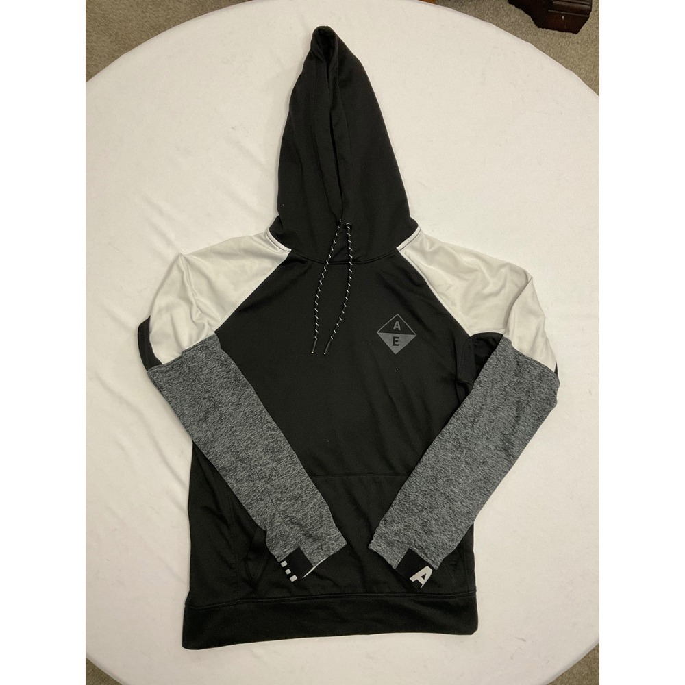 American Eagle Womens Colorblock Active Hoodie Black White Grey Small AE Logo